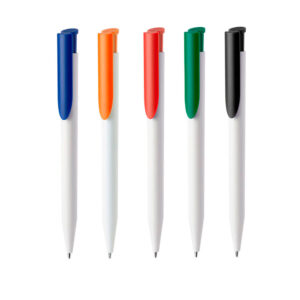 Caneta plástica personalizada azul com detalhe superior colorido e escrita azul