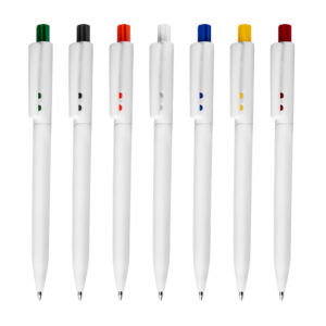Caneta plástica personalizada colorida com detalhes superiores em cores variadas
