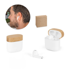 fone de ouvido wireless personalizado com estojo de bambu